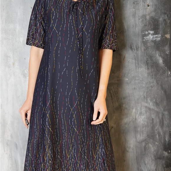 Vintage 80s Dark Blue Abstract Lines Midi Dress - Picture 5 of 5